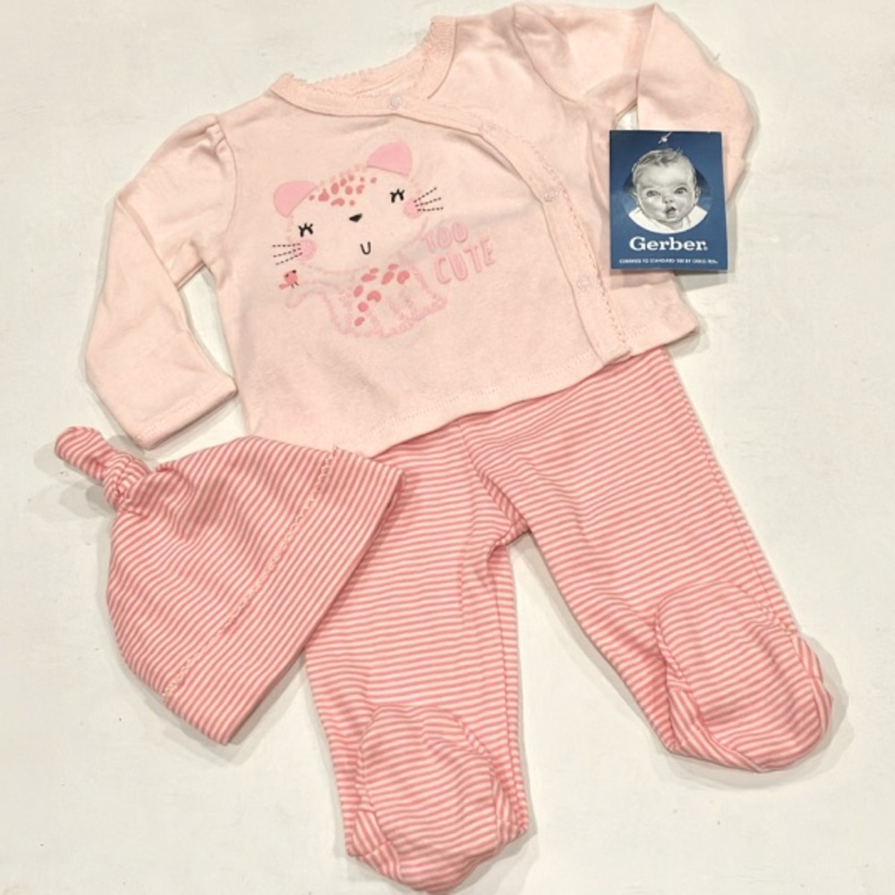 Gerber | Pink Kitty Cat & Striped Baby 3 Piece Set